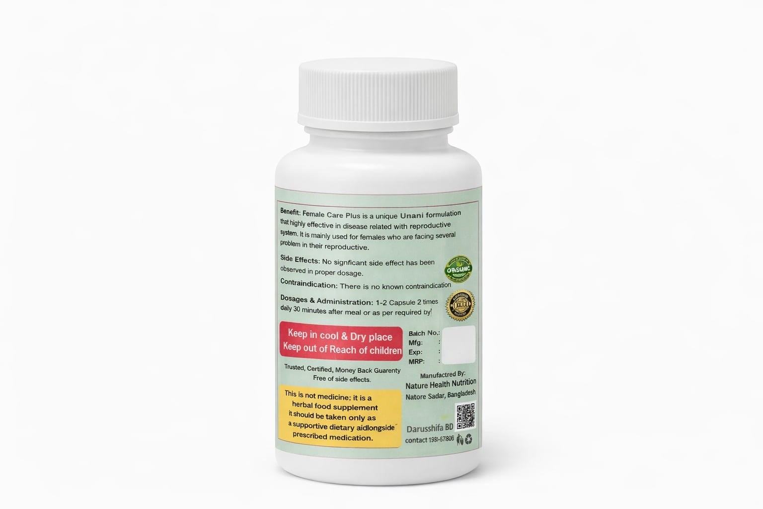 Female Care Plus বোতলের পেছনের তথ্য